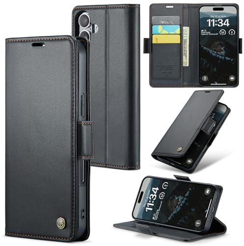 oiysrtoc Fodral för iPhone 16 Skal, Premium PU-läder skyddsfodral med RFID-blockering, 3 kortplatser, ställ, magnetisk stängning, stötsäkert plånboksfodral för iPhone 16, Svart