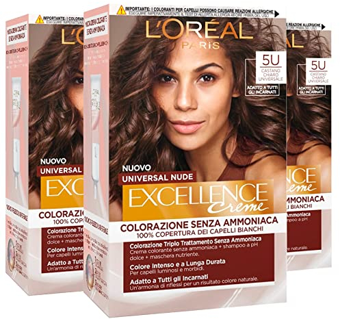 3 x L'Oréal Paris Excellence Creme, permanente Haarfarbe, Universal Nude, Hellbraun 5U, Dreifachbehandlung – 3 Farben