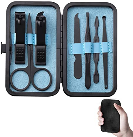 Rnitle Maniküre Set,Nagelset Nageletui Nagelknipser Set,Luxus Maniküre 7 In 1 Edelstahl Professionelle Pediküre Set,Edelstahl Pflege Werkzeuge Mit Schwarz PU Ledertasche,Reise Beauty Kit(Schwarz)