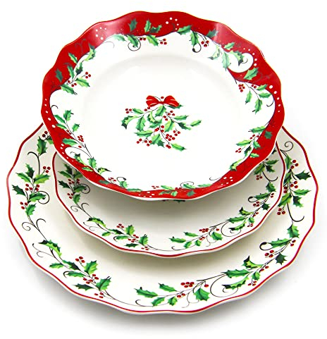 The Royal Family Servizio piatti di Natale, decoro Agrifoglio Natalizio su bordo rosso,6 posti tavola (18pc) in Porcellana Lucente e Resistente - Adatto a lavastoviglie e Forno - Christmas