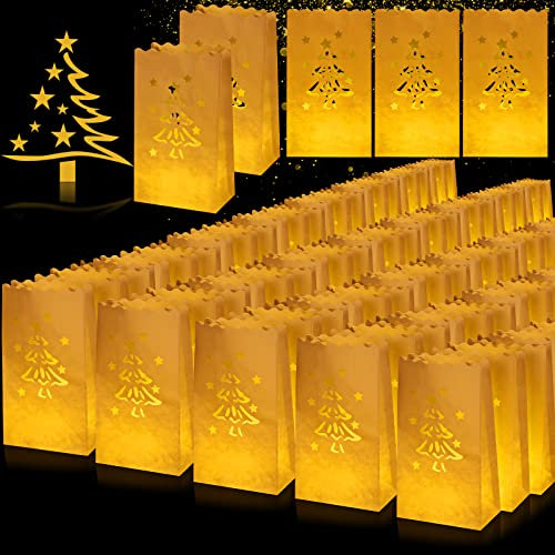 Sabary 100 Pcs White Luminary Bags Christmas Luminaries Flame Resistant Candle Bags Reusable Paper Lantern Bags for Christmas Wedding Thanksgiving New Year Valentine's Day Diwali Party Decor (Tree)