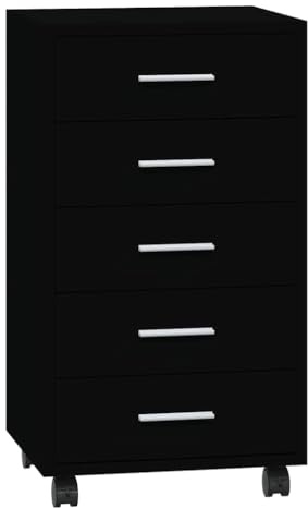 vidaXL Schubladenschrank, Kommode mit 4 Rollen, Schrank Rollcontainer mit 5 Schubladen, Aktenschrank Büroschrank, Modern, Schwarz Holzwerkstoff
