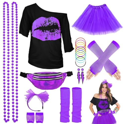 WILDPARTY 80-talsdräkt för kvinnor, t-shirt, tutu, midjeväska, pannband, örhängen, halsband, näthandskar, 80-talskostym, neontillbehör, festtema, karneval