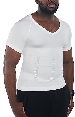 KOCLES Gynecomastia Compression Shirts for Men, Shapewear Slimming Body Shaper Undershirt, V-Neck Baselayer T-Shirt for Workout Sports, Fajas para Hombres (White, X-Large)