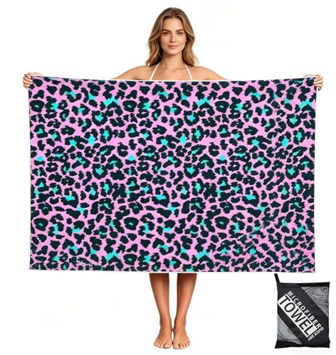 yayafunfun Large Quick Dry Microfibre Beach Towels for Adults, 160X90cm Pink Leopard Bath Towel Travel Towels with Pocket, Lightweight Beach Towel for Women Men Sun Lounger Travel Swim Holiday Sports