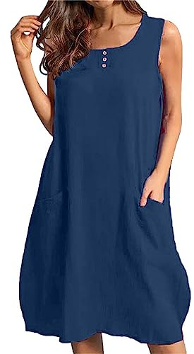 Cocila Abiti Donna Eleganti Abito Casual Allentato Senza Maniche con Scollo a V, Abito da Tasca Oversize in Lino di Cotone Estivo da Donna Abito Maniche Lunghe Sexy