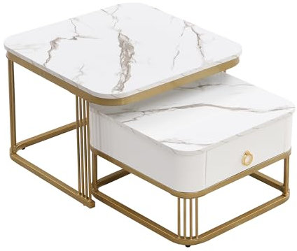 BTM Nesting Coffee Tables, Coffee Table with Storage, Square Nest of Tables with Drawer, Coffee Tables Set of 2, High Gloss Marble Exterior & Gold Accents