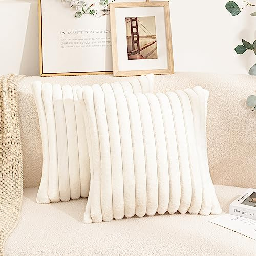 Uhomy 2 Pack Faux Fur Plush Decorative Throw Pillow Covers Fuzzy Striped Soft White Pillowcase Cushion Covers for Living Room Sofa Couch Bedroom, True White 16x16 inch 40x40 cm