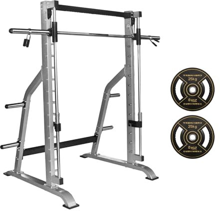 Hansson Sports® Massive 110 Kg schwere Smith Machine Multipresse Rack mit Gegengewichten und Olympia Langhantelstange, massive Kraftstation geprüfte und zertifizierte Profi Qualität (B:Mit 50KG)