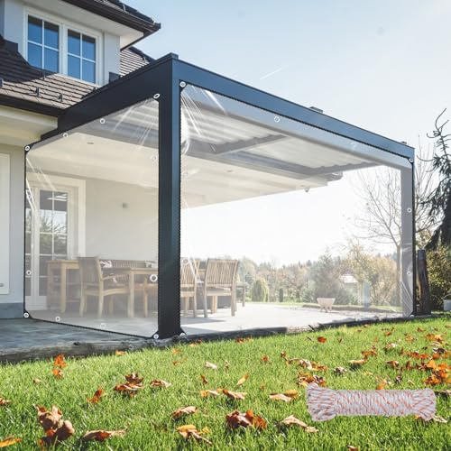 KJLEEN 3m×4m Clear Tarpaulin Waterproof Heavy Duty 440g/m² Transparent Tarpaulin PVC Clear Tarp with Reinforced Eyelets & Rope, Windproof Gazebo Side Panels Pergola Cover for Garden Greenhouse（3×4m)