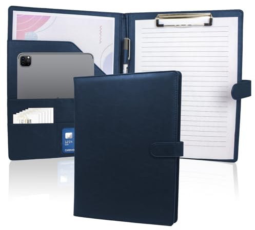 Portapapeles con Pinza A4, Carpeta Portadocumentos A4 de Cuero PU, Portapapeles Portafolio con Almacenamiento para Entrevistas Currículum Oficina Conferencias para Mujeres y Hombres (Azul oscuro)