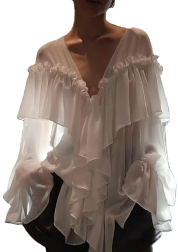 FeMereina Ruffle Blouse for Women Sexy Sheer Tie Front Chiffon Shirt Long Sleeve Loose Fit Flowy Coquette Top Streetwear (Ivory, L)