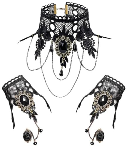 KUMSODE Lot de 3 colliers ras du cou gothiques, Bracelet en dentelle noire, Chaîne sans doigts, Bracelet steampunk rétro pour Karneval Halloween Cosplay Kostüm Zubehör
