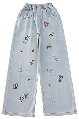 Jeans rasgados para niñas, pierna ancha, holgados, con diseño de mariposa, floral, con lazo, corazón, cintura alta, cintura elástica, estéticos, a la moda, bonitos pantalones de mezclilla, Azul Claro