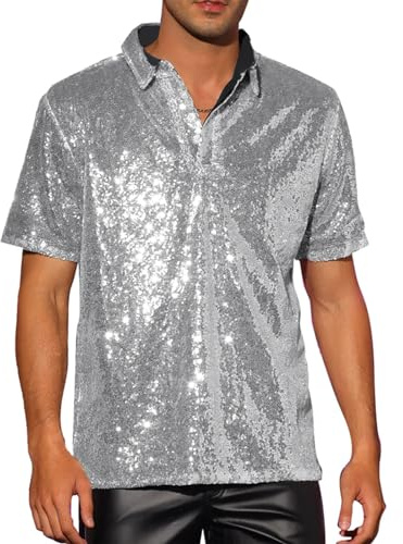 Caziffer Chemise disco à paillettes scintillantes rétro pour homme - Pour fête, club, soirée - Costume vintage - Décontracté - Bouton 1/4 - Haut à manches courtes pour les vacances et la rue, Argenté