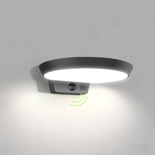 auralab Solar Lights Outdoor with Motion Sensor, Waterproof Solar Wall Lights with 3 Light Modes, Dusk Till Dawn 4000K Outside Solar Downlights for Front Door, Porch, Fence, Garden, White Round