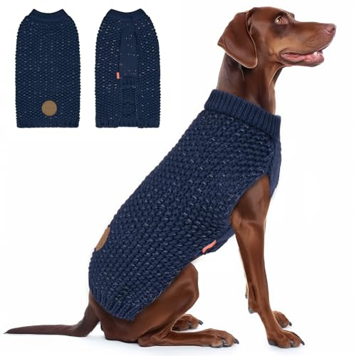 KYEESE Dog Sweater for Large Dogs with Leash Hole Warm Pullover with Reflective Yarn Male Thick Stretchy Knitwear Winter Soft Pet Coat boy for Cold Weather Comfy Dog Sweaters, Navy Blue, XXX-Large