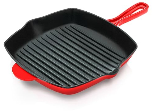 NutriChef Nonstick Cast Iron Grill Pan - 11-Inch Kitchen Square Skillet Grilling Pan, Enameled Steak w/Side Drip Spout For Electric Stovetop, Induction, Gas, Black (NCCIES47.5)