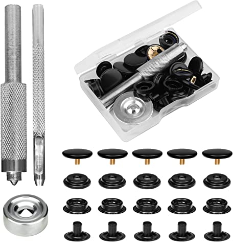 SAVITA 43 Stück Druckknopf Set mit Setterbasis Hohlstanzwerkzeug Strapazierfähig Metall Knöpfe für Kleidung Kein Nähen Schrauben Druckknöpfe für Leder Jacken Jeans Handtaschen (Schwarz)
