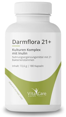 VitaCare Darmflora 21+, 180 vegane Kapseln mit 21 Bakterienkulturen & Inulin, 20 Mrd. KBE/Tagesdosis, Kulturen-Komplex, 21 Bakterienstämme, 3 Monate