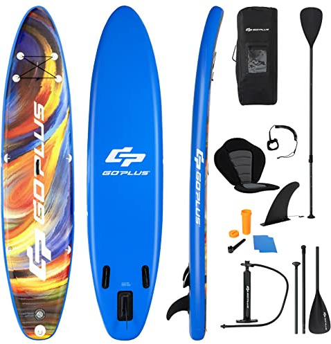 COSTWAY SUP Gonfiabile 320 cm Adulti, Stand Up Paddle Gonfiabile con Pagaia Regolabile, 9 Anelli a Forma di D, Zaino, Pompa, Cordino, Sedile e Triple Pinne, Carico 150 kg, 320 x 76 x 15 cm