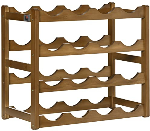 HOMCOM Free Standing Bamboo Wine Rack with 16 Bottles Holder, 4-Tier Water Bottle Organiser, Display Shelf for Countertop, Home Bar, Brown