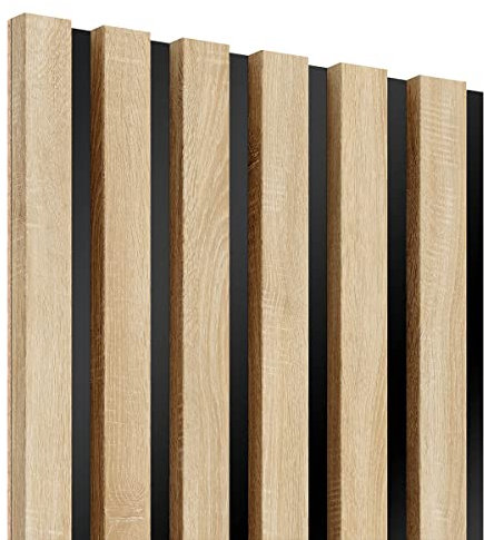 KLEMP Wandpaneele – Lamellenleisten aus MDF auf HDF Platte 30x275 cm, Wandverkleidung zur Montage mit Kleber oder Klebeband auf schwarzem Untergrund 2er-set Sonoma Eiche