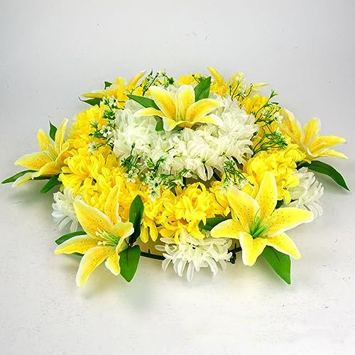Arreglos de Flores Funerarias de Seda Artificial, Corona de Hortensias de Crisantemo, Corona Conmemorativa de Tributo en Forma de Corazón para Sacrificio de Tumbas(Amarillo)