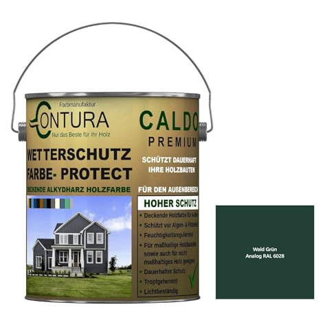 Contura Wetterschutzfarbe 1 Liter Holz Dauerschutzfarbe Deckend Buntlack Holzfarbe Holzlasur Seidenmatt (Wald Grün - RAL 6028 Analog)