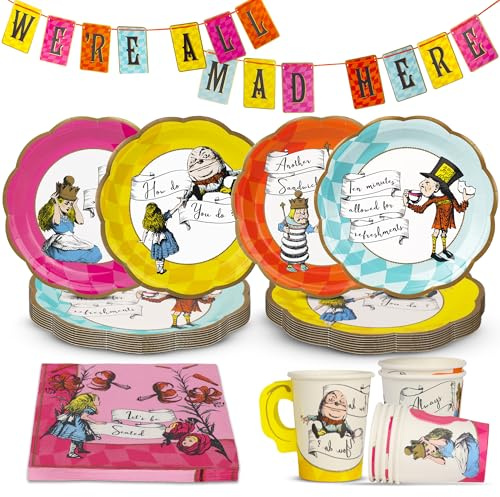 Talking Tables | Alice in Wonderland Party Decorations & Tableware for 16 Guests | Mad Hatter Double Sided Bunting, Paper Plates, Napkins, Cups, Table Cover for Birthday, Afternoon Tea Baby Shower