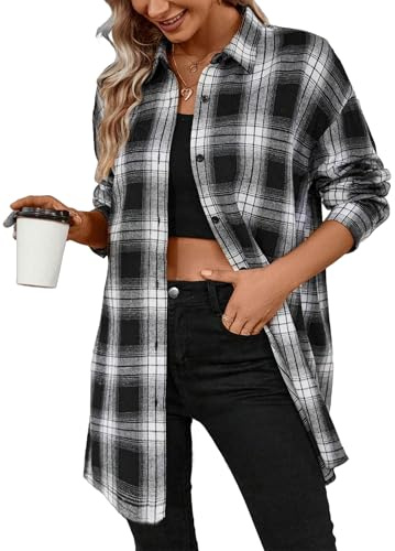 Jhsnjnr Damer flanell rutig skjorta blus knappslå v hals toppar lång skjorta oversize rutig skjorta långärmad skjorta