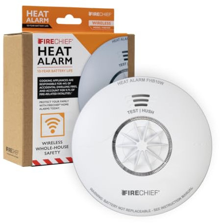 Heat Alarm with Wireless Interlink - 10 Year Sealed Battery Fire Alarm - Wireless Interlink with Firechief CO and Smoke Alarms for Home - For Kitchen Bathroom Loft and Garage - Firechief FHB10W Model
