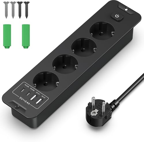 Tischplatte Versenkte Steckdose mit QC3.0 2 USB-A und PD-20W 2 USB Type-C,4 Fach-Einbausteckdose Mehrfachsteckdose,Tischsteckdose Mehrfachsteckdose für Tische und Möbel,2M Kabel,schwarz