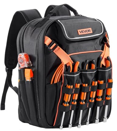 VEVOR Sac à Dos à Outils, Charge 22,7 kg, Sac à Outils, 33x22x44 cm, avec 45 Poches, Compartiment Ordinateur Portable, Base Stable, Organisateur à Outil Robuste pour Chantier, Électricien, Réparateur