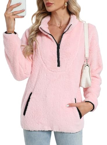 Koerye Sudaderas sin Capucha con Cremallera Mujer Casual Polar Suelto Manga Larga Suéter Pullover Moda Jersey de Forro Polar Suelto Sweatshirt Rosa,M