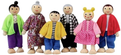 Syglawnd Casa de Muñecas Personas 6 Figuras Familiares Figuras de Casa de Muñecas de Madera Disfraces Familias Felices con Lindas Expresiones para Niño y Niña, Familias Felices