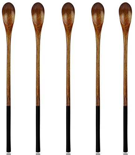 AOOSY Wooden Spoons,Wood Long Handle Spoon 5 Pieces Natural Wood Mixing Spoon Set for Coffee Ice Tea Hot Drinks(Dark Brown)