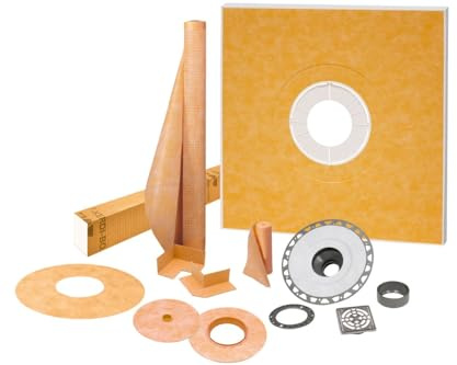 Schluter Kerdi Shower Kit with Shower Tray, Curb, Waterproofing Membrane, Strips, and Seals - Waterproofing System for Showers - PVC Plastic, Center Outlet Position, 48 x 48 Tray Size - KSK1220PVCE