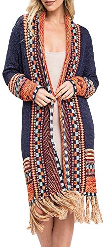 FERBIA Women Boho Cardigan Sweater Long Open Front Maxi Knit Sweaters Aztec Tribal Tassel Fringe Thin Coat