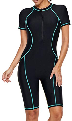 Jywmsc Women Zip Front Color Block Rashguard Short Sleeve One Piece Surfing Swimsuits Boyshort Black Blue