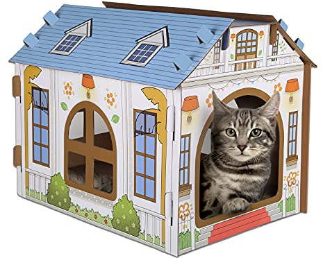 SEKAM Cardboard Cat House with Scratcher/Catnip, (42 x 30.5 x 33 cm) Cat Play House & Hideaway Furniture