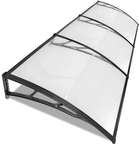 Front Door Canopy, Outdoor Awning Shelter 270 x 98.5 cm Window Rain Roof Cover With Polycarbonate Roofing Sheets & Aluminium Frame Porch Shade Patio UV Protection Back Door Porch Canopies, Black