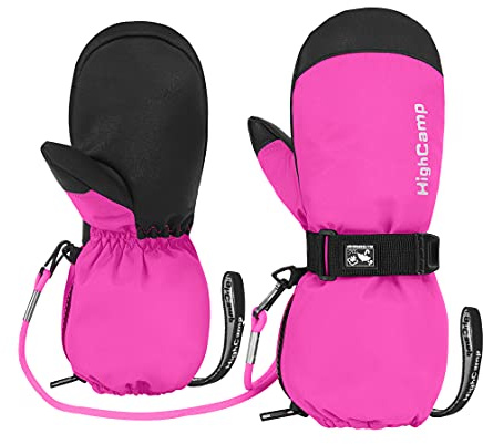 Highcamp Kids Waterproof Snow Ski Gloves w/Zipper & String on Long Cuff Cold Weather Mitten for Toddler & Youth Boys Girls-Rosa,S (4-6Y)