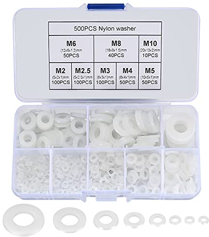 500 pièces rondelle plate en nylon, rondelle plate isolée joint rond joint d'étanchéité kit d'assortiment de tuyaux-M2/M2.5/M3/M4/M5/M6/M8/M10 (B-Blanc)