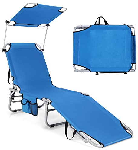 GOPLUS Sonnenliege mit Dach, Liegestuhl klappbar, inkl. Seitentasche, Gartenliege mit 5-Fach Verstellbarer Rückenlehne, Balkonliege bis 150kg belastbar, Relaxliege für Garten Strand Camping (Blau)
