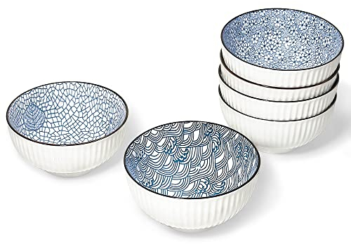 fanquare 6-Teiliges Müslischalen im japanischen Stil, Blau und Weiß Porzellan Schalen Blumen, Wellen und Seesternmuster, Müslischale für Suppe, Salat, Nudeln, Reis