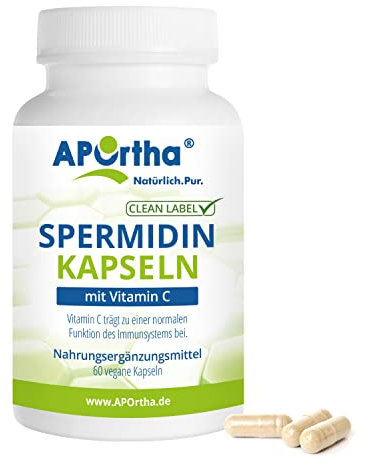 APOrtha® Spermidin, 60 vegane Kapseln, mit 1 mg Spermidin aus Weizenkaim-Extrakt pro Kapsel pro Tagesverzehr, optimiert mit Vitamin C, vegan, laktosefrei