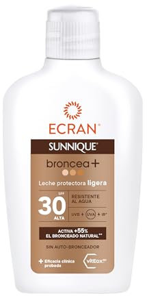 Ecran Sunnique - Leche Protectora Solar Broncea+ FPS 50, Protección Media UVB y UVA, Activa el Bronceado Natural, Sin Autobronceador, con Tecnología PureBronze, Resistente al Agua - 200 ml