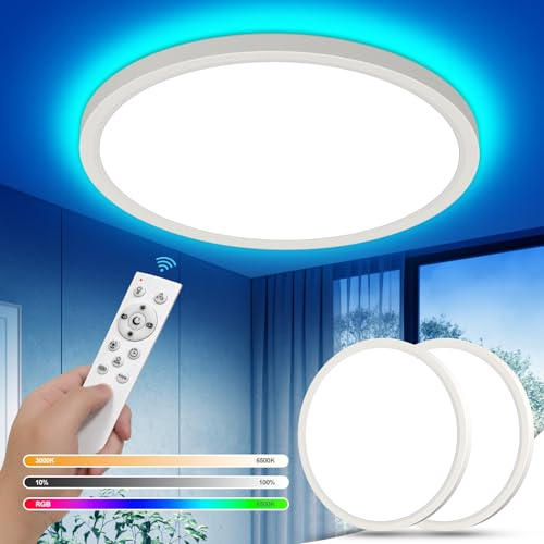 YiLaie Pack 2x Plafon LED Techo Regulable 24W,RGB Cambio Color Redonda Lámpara de techo,3000K-6500K lampara techo dormitorio,IP44 Impermeable,Ø30CM,Para Salón Cocina Baño