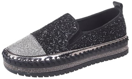 Agiyenna Baskets à Paillettes pour Femmes Mocassins Tendance Strass Chaussures de Marche en Plein Air Toile à Enfiler Chaussures de Randonnée Plates Décontractées Chaussures de Sport à Plateforme